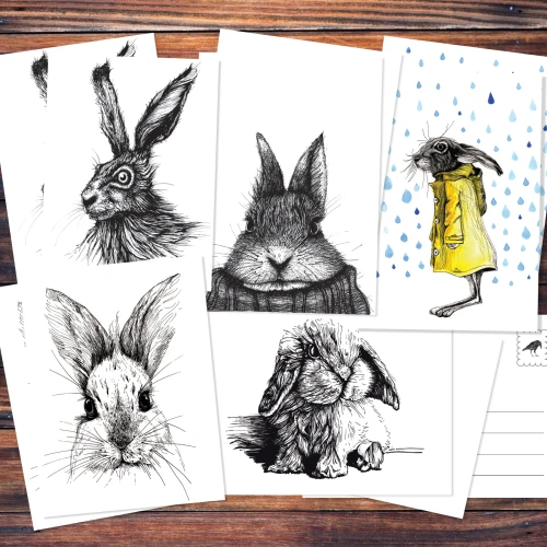 Verschiedene Postkarten mit Zeichnungen von Hasen