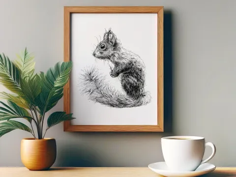 Illustration: Neben einer Pflanze und einer Kaffeetasse hängt ein Bilderrahmen an einer Wand. Die gerahmte schwarze Zeichnung stellt ein aufrecht stehendes Eichhörnchen dar.