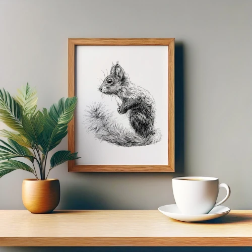 Illustration: Neben einer Pflanze und einer Kaffeetasse hängt ein Bilderrahmen an einer Wand. Die gerahmte schwarze Zeichnung stellt ein aufrecht stehendes Eichhörnchen dar.