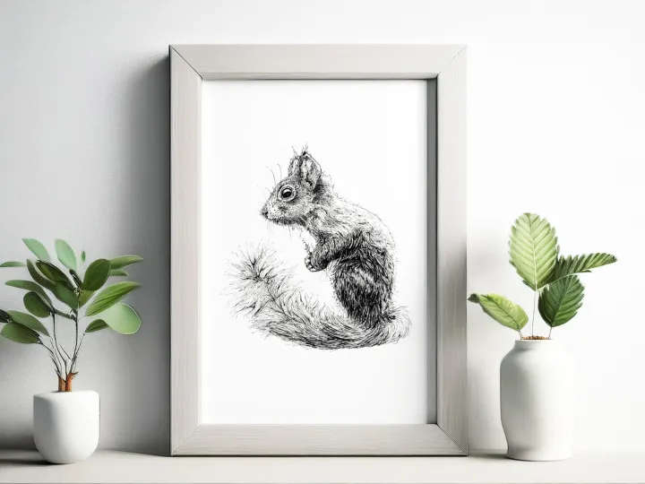 Illustration: Neben zwei Pflanzen steht ein heller Bilderrahmen auf einem Tisch. Die gerahmte schwarze Zeichnung stellt ein aufrecht stehendes Eichhörnchen dar.