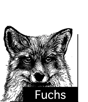 Schwarze Zeichnung eines Fuchskopfes, darunter der Schriftzug Fuchs