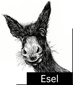 Schwarze Zeichnung eines lachenden Esels,, darunter der Schriftzug Esel