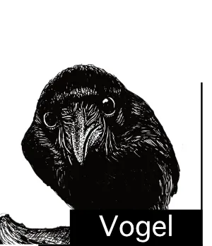 Schwarze Zeichnung einer Krähe, die den Betrachter anschaut, darunter der Schriftzug Vogel.