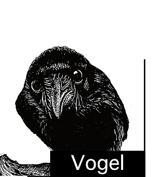 Schwarze Zeichnung einer Krähe, die den Betrachter anschaut, darunter der Schriftzug Vogel.