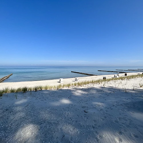 Blick auf das stille Meer mit Buhnen, im Vordergrund Sandstrand