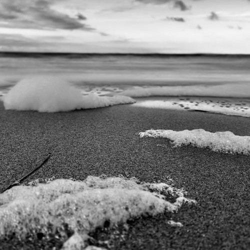 Schwarzweiß-Aufnahme der Ostsee. Im Vordergrund sind Häufchen von Meerschaum auf dem Strand zu sehen.