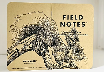 Ein aufgeklapptes Field Notes Heft. Über den Rücken erstreckt sich die schwarze Tintezeichnung eines Eichhörnchens, das von links nach rechts auf einem Ast sitzt.