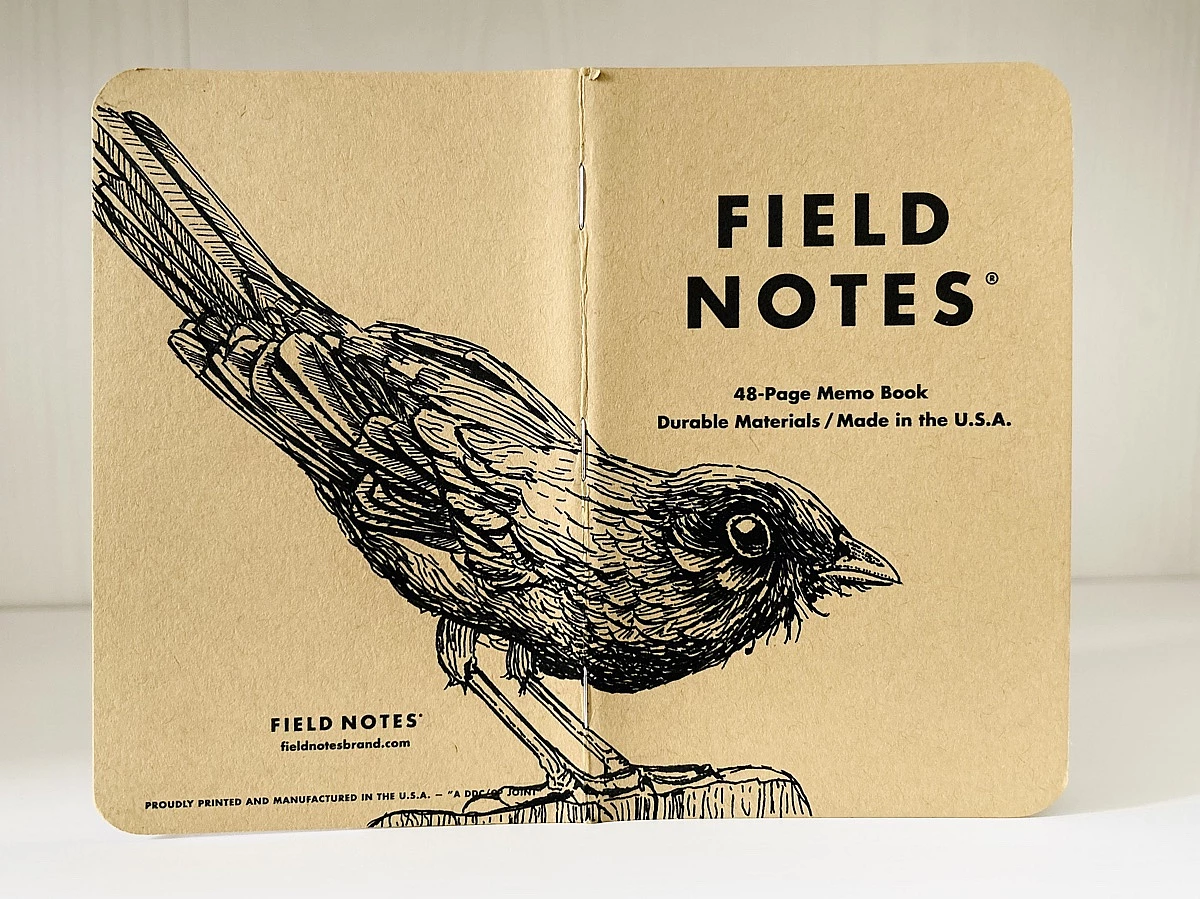 Foto eines stehenden und aufgeklappten Field Notes Heftes. Über den Rücken erstreckt sich die schwarze Tintezeichnung einer Amsel, die nach rechts schaut.