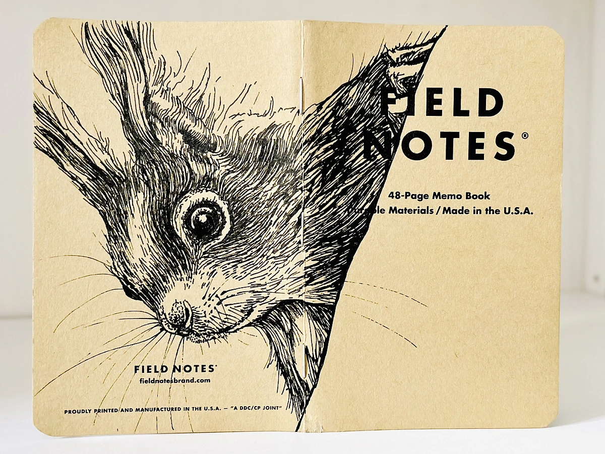 Ein aufgeklapptes Field Notes Heft auf dessen Rücken aus Kraft-Papier sich die schwarze Zeichnung eines Eichhörnchenkopfes erstreckt.