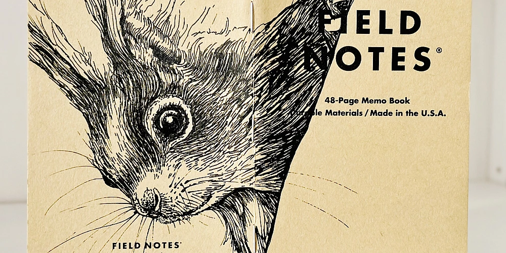 Ein aufgeklapptes Field Notes Heft auf dessen Rücken aus Kraft-Papier sich die schwarze Zeichnung eines Eichhörnchenkopfes erstreckt.