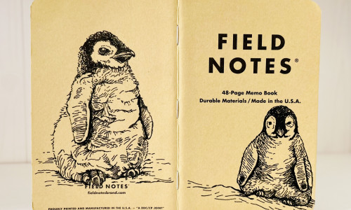 Foto eines aufgeklappten Field Notes Heftes mit Kraft-Papier-Deckel. Auf Rücken und Cover befindet sich jeweils eine schwarze Zeichnung eines sitzenden Baby Pinguins.