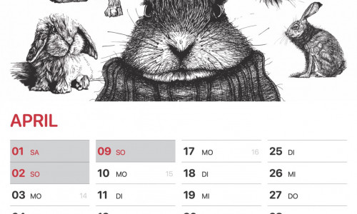 Im oberen Teil des Blattes: 5 schwarze Zeichnungen von Hasen. Im unteren Teil das Kalendarium für den Monat April. Ganz rechts unten in der Ecke ein weiterer Hase.