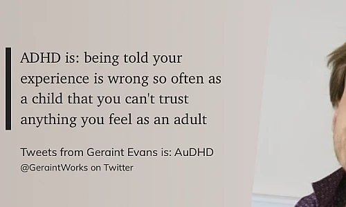 Das Zitat auf hellbraunem Grund: "ADHD is: being told your experience is wrong so often as a child that you can't trust anything you feel as an adult"