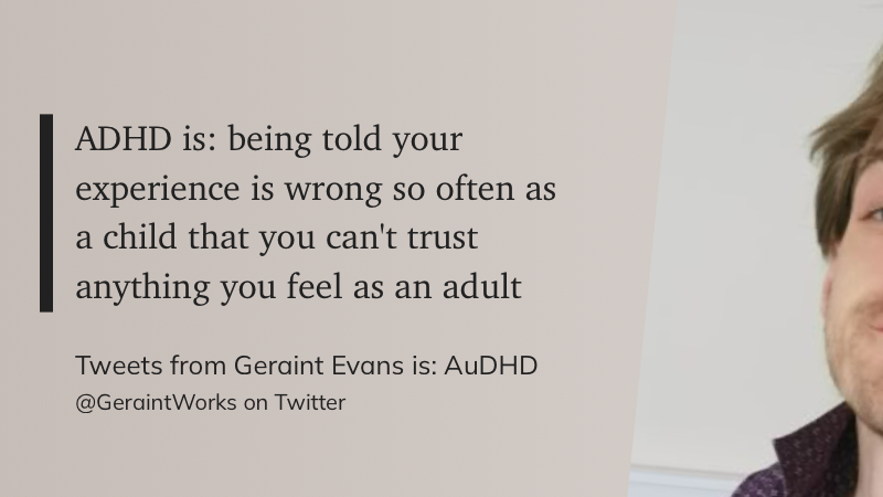 Das Zitat auf hellbraunem Grund: "ADHD is: being told your experience is wrong so often as a child that you can't trust anything you feel as an adult"