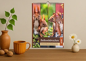 KI generierte Szene: Auf einer Holzunterlage stehen zwei Vasen mit Blumen. Des Weiteren dort vorhanden sind eine Tasse und drei Walnüsse. An einer getönten Wand hängt der Balkonhörnchen-Kalender.