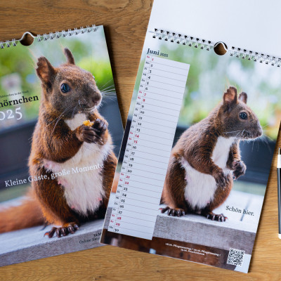 Zwei Kalender auf einer Holztischplatte. Einer aufgeklappt. Daneben ein Kugelschreiber.