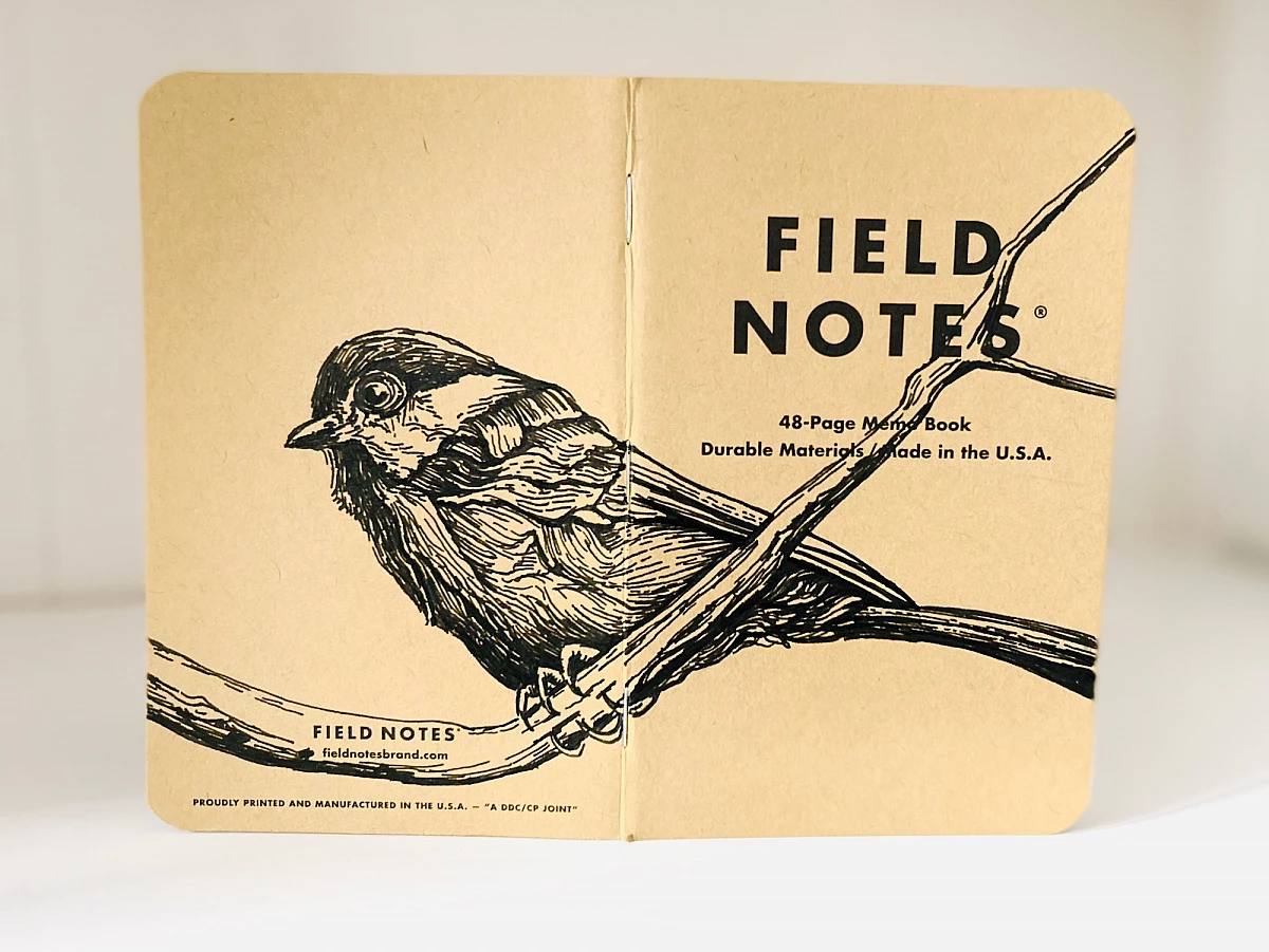 Foto eines stehenden und aufgeklappten Field Notes Heftes. Über den Rücken erstreckt sich die schwarze Tintezeichnung einer kleinen Meise, die auf einem Ast sitzt.
