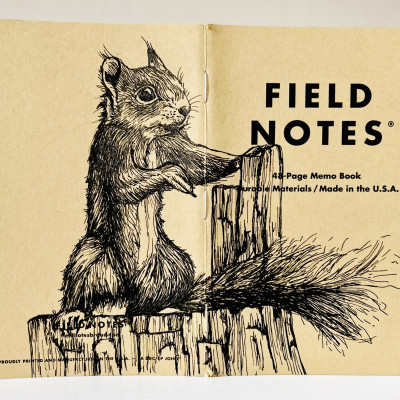 Ein aufgeklapptes Field Notes Heft auf dessen Rücken aus Kraft-Papier sich die Zeichnung eines Eichhörnchens  befindet. Es steht aufrecht auf einem Baumstumpf.