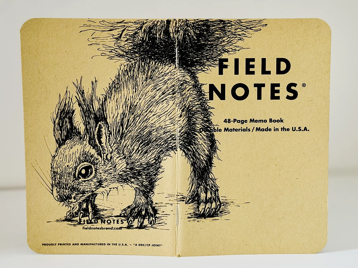 Ein aufgeklapptes Field Notes Heft auf dessen Rücken aus Kraft-Papier sich die Zeichnung eines Eichhörnchens befindet.