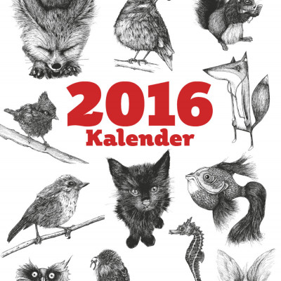 Deckblatt des Kalenders mit vielen kleinen Illustrationen. Alle Illustrationen sind schwarzweisse Tintezeichnungen und zeigen Tiere.