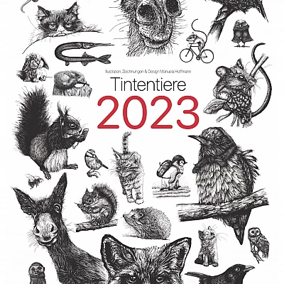 Deckblatt des Kalenders mit vielen kleinen Illustrationen. Alle Illustrationen sind schwarzweisse Tintezeichnungen und zeigen Tiere.