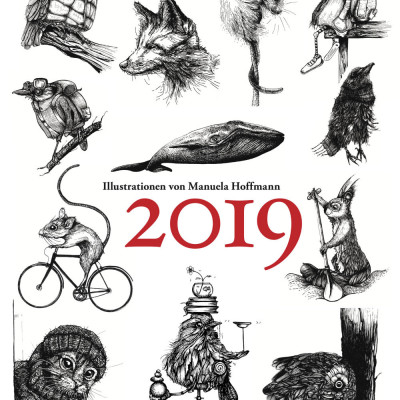 Deckblatt des Kalenders mit vielen kleinen Illustrationen. Alle Illustrationen sind schwarzweisse Tintezeichnungen und zeigen Tiere.