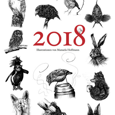 Deckblatt des Kalenders mit vielen kleinen Illustrationen. Alle Illustrationen sind schwarzweisse Tintezeichnungen und zeigen Tiere.