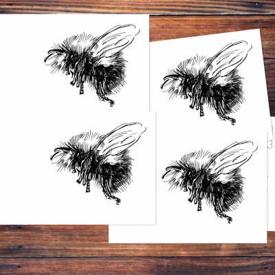 Fünf Postkarten mit der schwarzen Zeichnung einer Biene