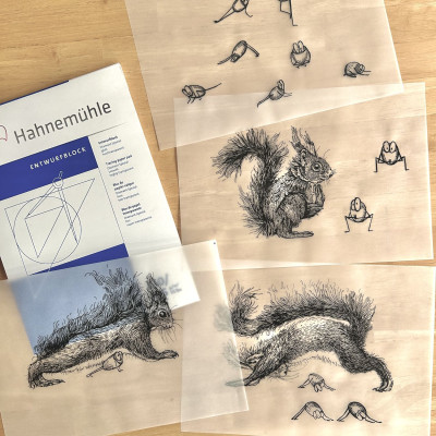 Vier Blätter Transparentpapier mit Tintezeichnungen liegen übereinander auf einem Holztisch. Links oben ein Hahnemühle Entwurfsblock.