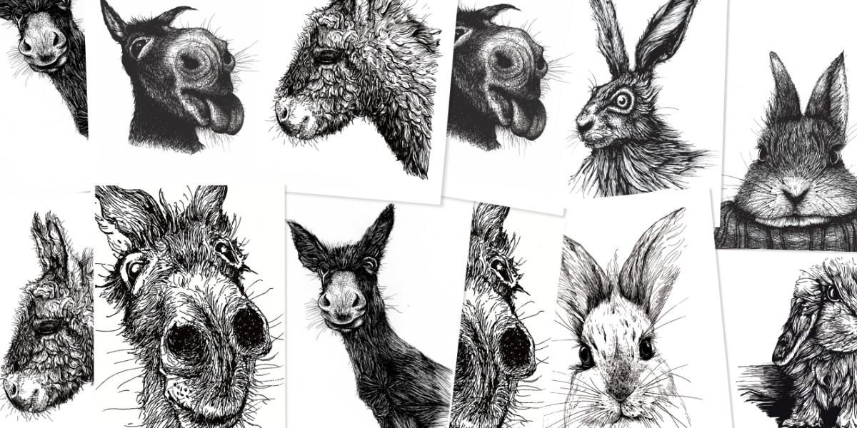 Eine Collage von mehreren Karten. Zu sehen sind Zeichnungen von Eseln und Hasen.