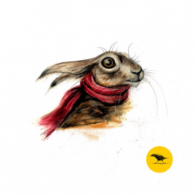 Farbige Zeichnung eines Hasenkopfes. Der Hase trägt einen roten Schal.