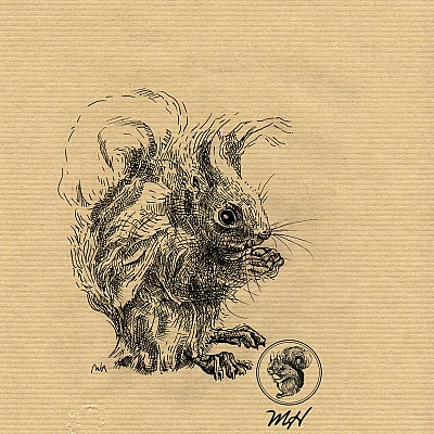 Schwarze Zeichnung eines Eichhörnchens.