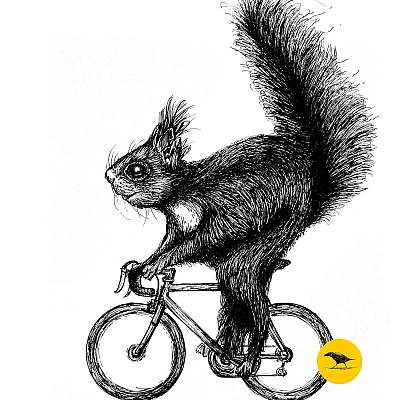 Schwarzweisse Tintezeichnung eines Eichhörnchens, das Fahrrad fährt