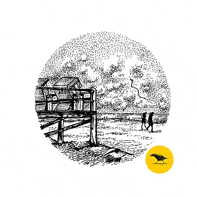 Schwarzweisse Tintezeichnung eines Pfahlbaus am Strand