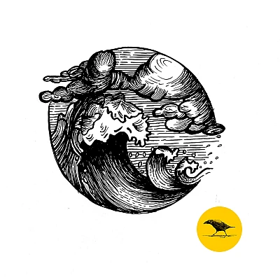 Schwarzweisse Tintezeichnung einer Landschaft