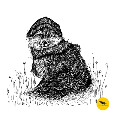 Schwarzweisse Tintezeichnung eines Fuchses, der Mütze und Schal trägt