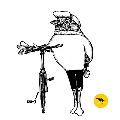 Schwarzweisse Tintezeichnung eines Vogels mit Mütze, der ein Fahrrad hält