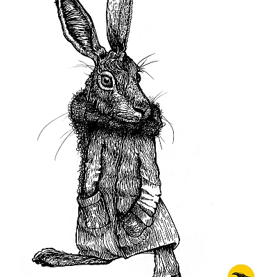 Schwarzweisse Tintezeichnung eines Hasen
