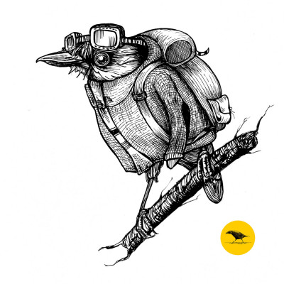Schwarzweisse Tintezeichnung eines Vogels, der einen Mantel und einen Rucksack trägt