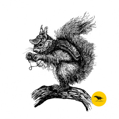 Schwarzweisse Tintezeichnung eines Eichhörnchens mit Kamera, Mütze und Rucksack