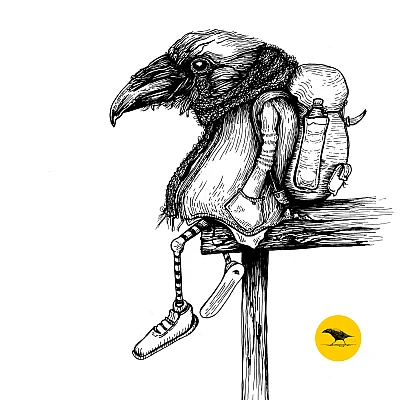 Schwarzweisse Tintezeichnung eines Vogels, der auf einem Steg sitzt und Schal und Rucksack trägt