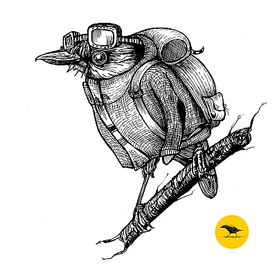 Schwarzweisse Tintezeichnung eines Vogels, der einen Mantel und einen Rucksack trägt
