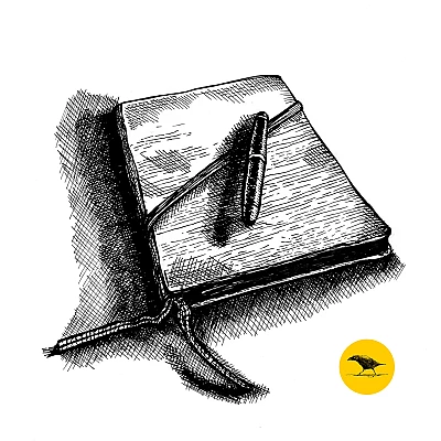 Tintezeichnung. Auf einem Notizbuch liegt ein Füllhalter