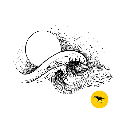 Schwarzweisse Tintezeichnung einer Welle