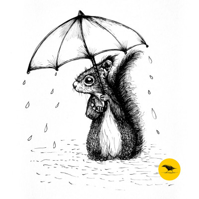 Schwarzweisse Tintezeichnung eines Eichhörnchens, das einen Regenschirm hält