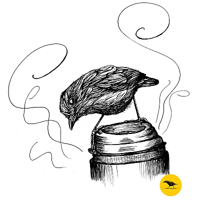 Tintezeichnung. Ein Vogel steht auf einem ToGo-Becher