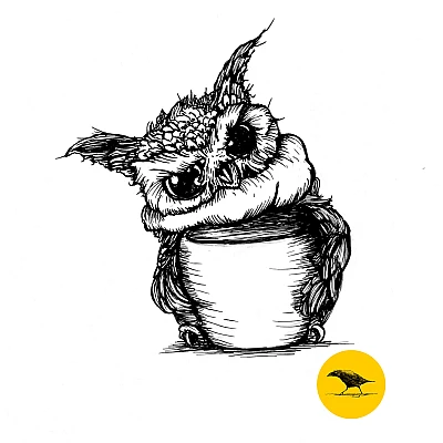 Tintezeichnung. Eine Eule umfasst einen übergroßen Kaffeebecher