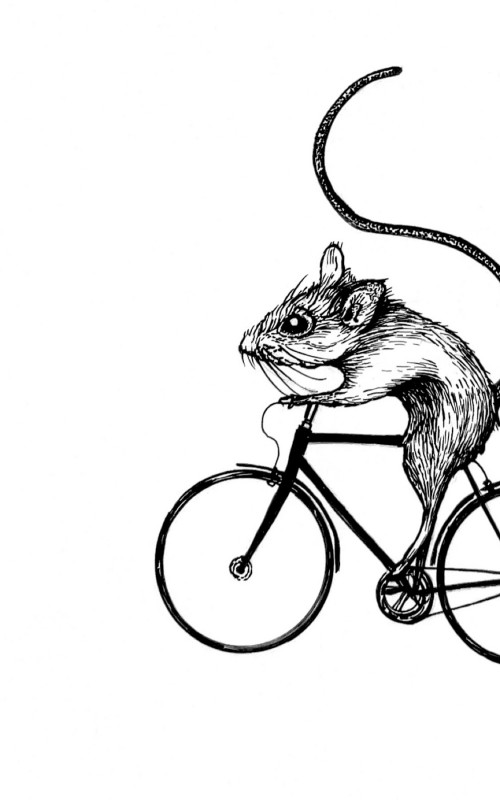 Schwarzweisse Tintezeichnung einer Maus auf einem Fahrrad