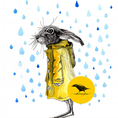 Schwarzweisse Tintezeichnung eines Hasen in gelbem Regenmantel