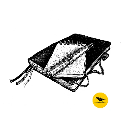 Tintezeichnung. Auf einem Notizbuch liegt ein Block und ein Füllhalter